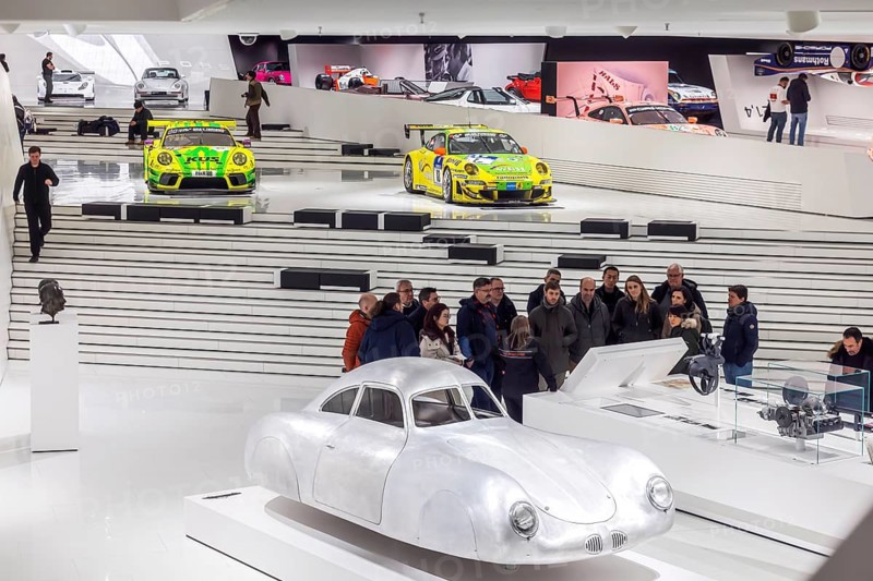 Porsche Museum Stuttgart. The Porsche Type 64, built in 1939, is the forefather of Porsche sports cars. The automotive museum of Dr. Ing. h.c. F. Porsche AG shows racing cars and iconic cars from automotive history. interior view. Zuffenhausen, Stuttgart, Baden-Württemberg, Germany