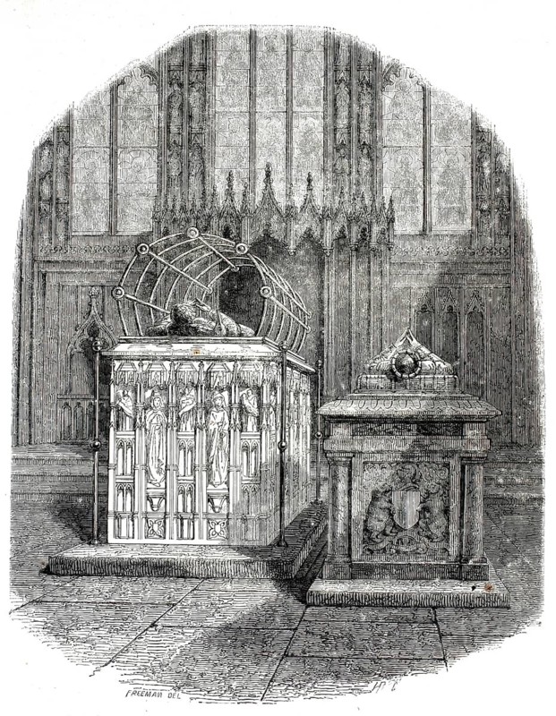 A 19th-century illustration showing the interior of Beauchamp Chapel in Warwick, Great Britain. The main monument on the left is the tomb of Richard Beauchamp, 13th Earl of Warwick (1382–1439) . It is regarded as one of the most significant masterpieces of medieval sculpture in England. The monument on the right is the tomb of his descendant, Ambrose Dudley, 3rd Earl of Warwick (c. 1530–1590) . On the side panels of the Renaissance-style stone plinth, heraldic bears carrying tree trunks on their shoulders (Bear and Ragged Staff) are carved, an authentic, high-resolution reproduction of a 19th-century original, the exact date of the depiction is unknown, Historical