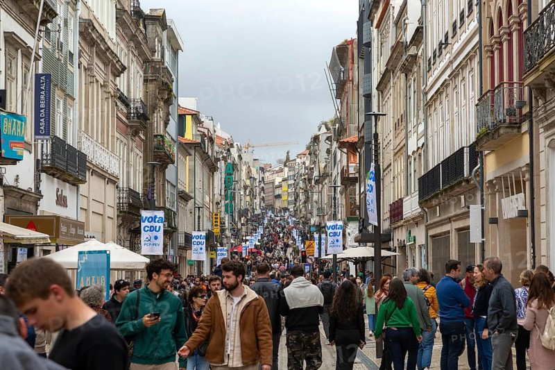 People in crowded main shopping street, Rua de Santa Catarina, city of Porto, Portugal