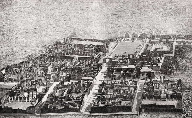 Ruins of Pompeii from above, ancient Roman city of Pompeii, 19th century