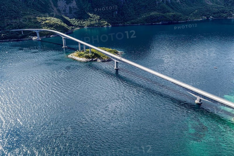 Aerial view of Mjosund Bridge (Norwegian: Mjøsundbrua), bridge on road 848 east of Harstad, Norway
