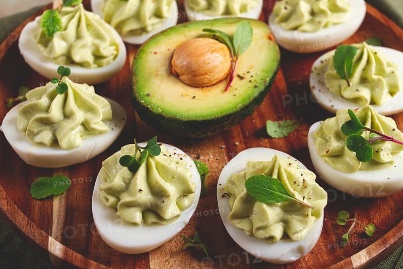 Snack, stuffed eggs with avocado, homemade, no people