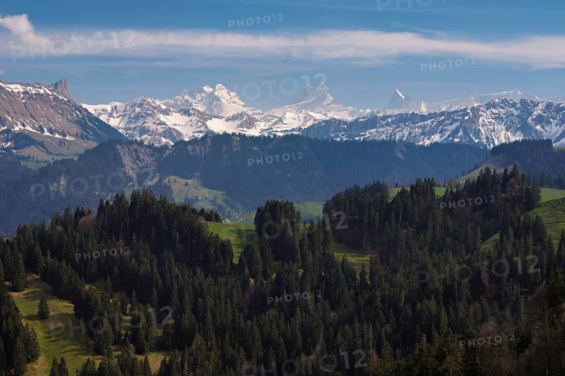 View from Rämisgummen to the snow-covered Eiger, Mönch, Jungfrau and Schreckhorn, Emmental, Canton Bern, Switzerland