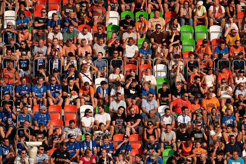 LUBIN, POLAND - AUGUST 17, 2024: Football match Polish PKO Ekstraklasa between KGHM Zaglebie Lubin vs Lech Poznan. Supporters at the tribune.