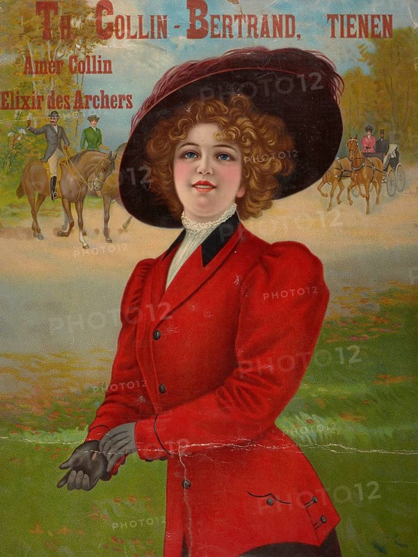 Advertising poster, beverage advertisement, lithograph from 1910 for Amer Collin, a herbal liquor drink. The woman is wearing a red cloak and a large hat, typical of fashion of the early 1900s, authentic reproduction of a historical advertising poster, advertising sign, in high resolution