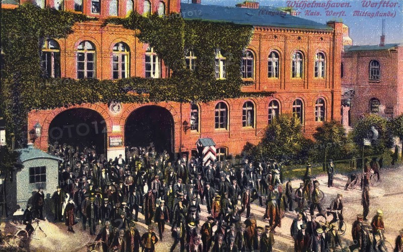 Historical postcard, picture postcard, shipyard gate in Wilhelmshaven, Lower Saxony, Germany, digitally enhanced reproduction of an original from around 1900, picture postcard
