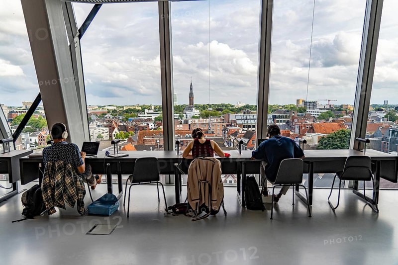 The Forum Groningen, public cultural and educational centre on the Nieuwe Markt, in the old town, with cinema, library, media labs, catering, roof terrace, study and reading areas, viewing points, 10 floors, connected by many escalators, Netherlands