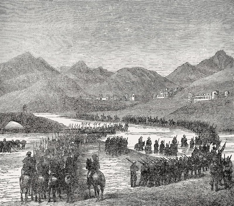General Ross's division crossing the Logar River, marching to meet General Stewart's division, Battle of Ahmed Khel on 19th April 1880 in the Second Afghan War, From British Battles on Land and Sea, by James Grant