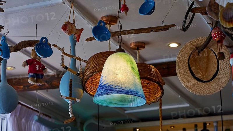 Various maritime-inspired decorations and colourful lamps in the room, Stegna Beach, Stegna viewpoint, Stegna, east coast, Rhodes, Dodecanese, Greek Islands, Greece