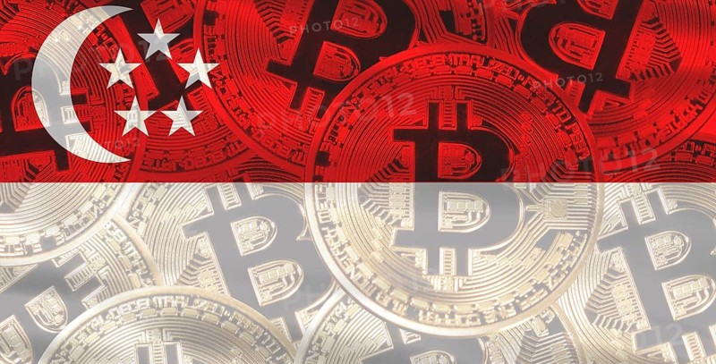 Singaporean flag with Bitcoins in the background. Bitcoin cryptocurrency with Singapore flag, Investors in Blockchain Technology