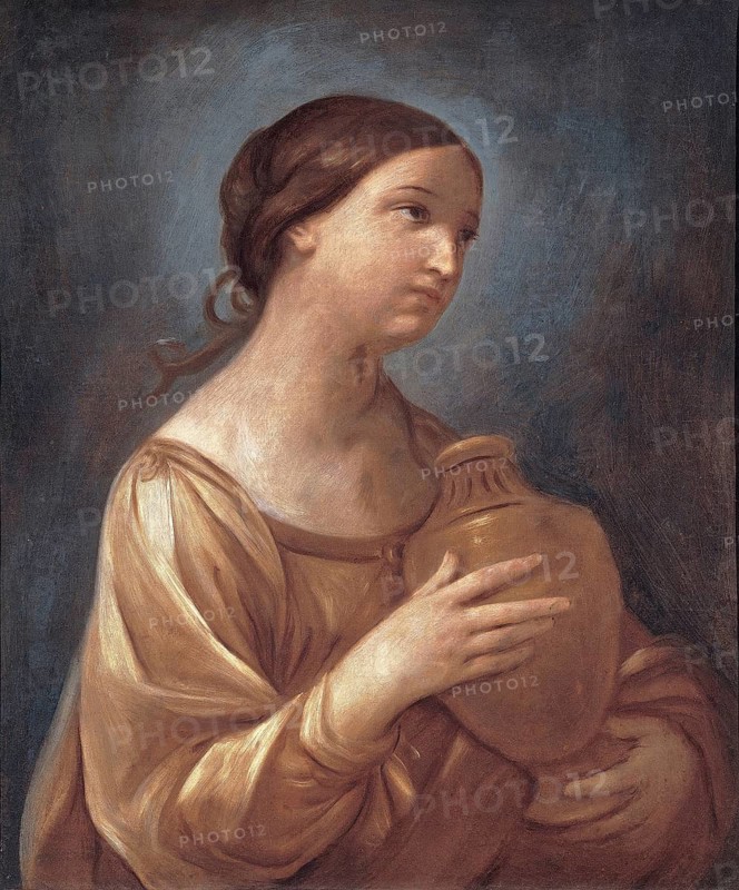 Painting, Reproduction of the painting, Work of art, Historical, Guido Reni, called il Guido or il divino Guido (b. 4 November 1575 in Bologna, d. 18. August 1642) Italian painter, fresco artist and etcher of the Bolognese school, main representative of a baroque classicism in painting, here the work:, Magdalene With The Jar Of Ointment (1640, 1642), Magdalene with the Ointment Pot (1640, Young woman holding a jar, calm and thoughtful expression