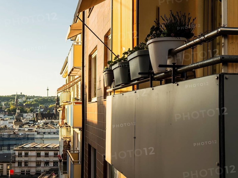 Balcony of a block of flats in the evening light in Wuppertal, Germany