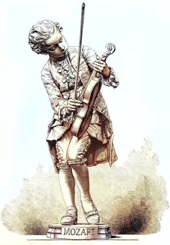 Statue of the young Wolfgang Amadeus Mozart, based on a work by M. Barrias. The illustration shows the Austrian composer playing the violin as a child, a reproduction of a model from the 19th century. Authentic, file restored for optimal use, exact date of original unknown, nostalgically colored