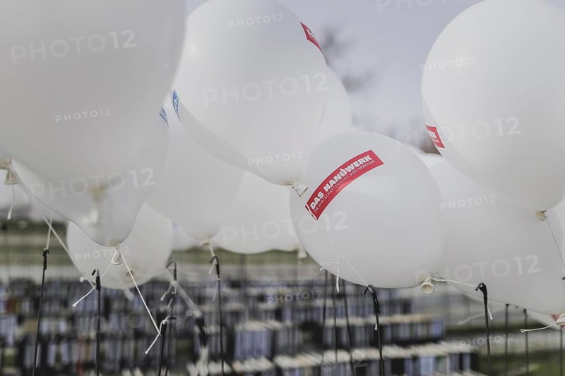 Balloons from the German Confederation of Skilled Crafts, taken as part of a protest action in front of the Federal Chancellery in Berlin, 26 February 2024. The German Confederation of Skilled Crafts demonstrates against the economic policy of the federal government as well as the high level of bureaucracy and the improvement of location conditions