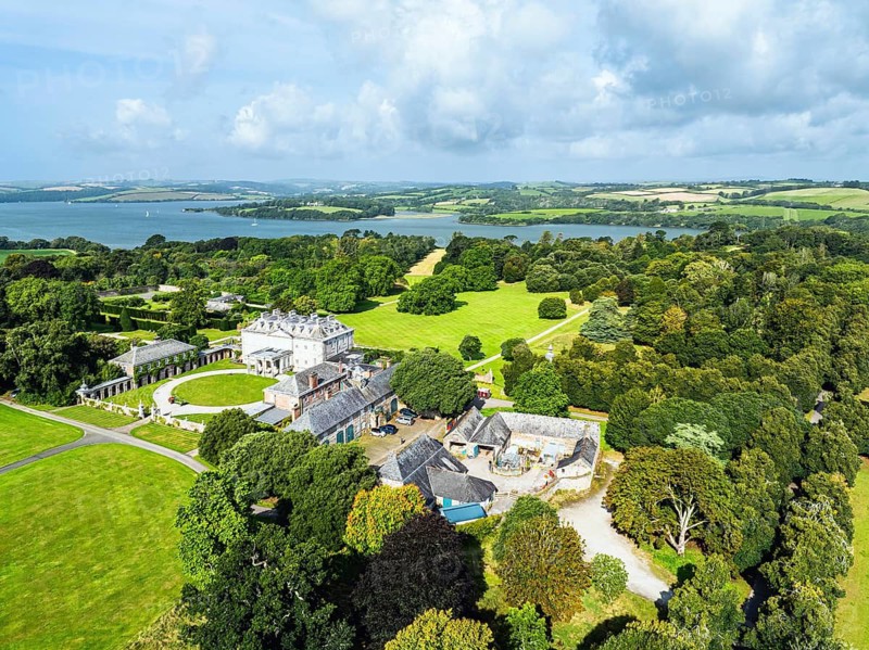 Antony House from a drone, Woodland Garden and Woodland Walk, Torpoint, Cornwall, England, United Kingdom