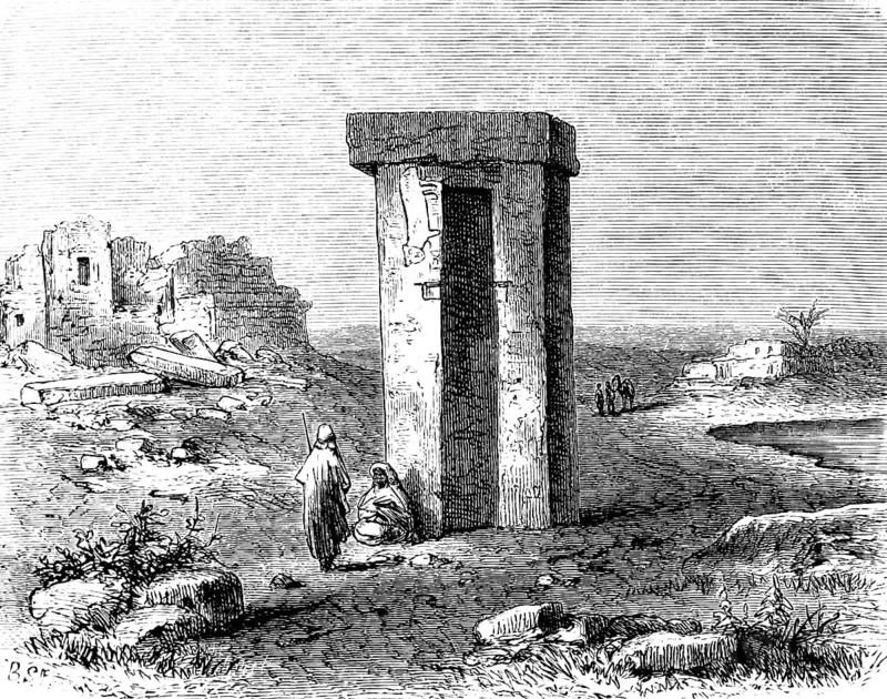 Tumulus or dolmen, called Senám near Tripoli, two right-angled, vertical pillars with capstone, ruins, mountainous landscape, river, Arabs, camel, Africa, Libya, history of mankind, historical illustration 1880