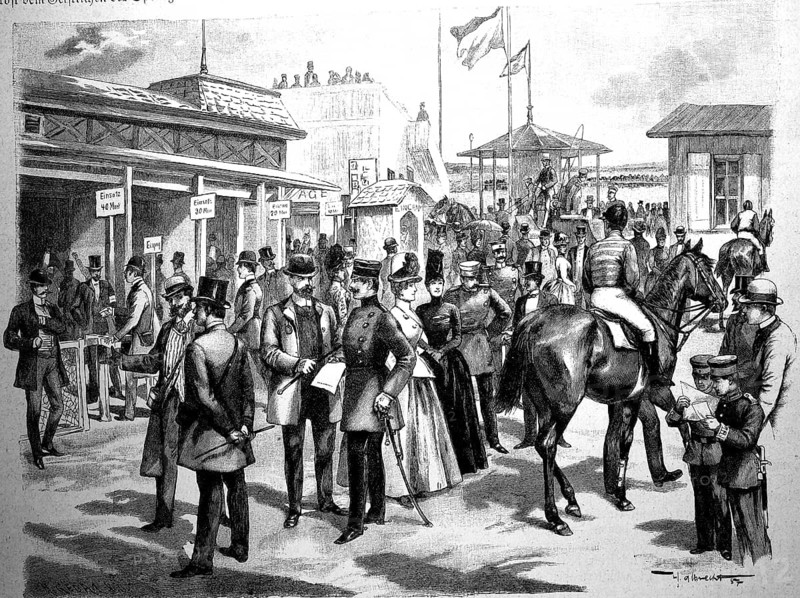 At the totalisator on the Charlottenburg racecourse, Germany, Betting offices at the racecourse, 1887, Historical, digital reproduction of an original 19th century model
