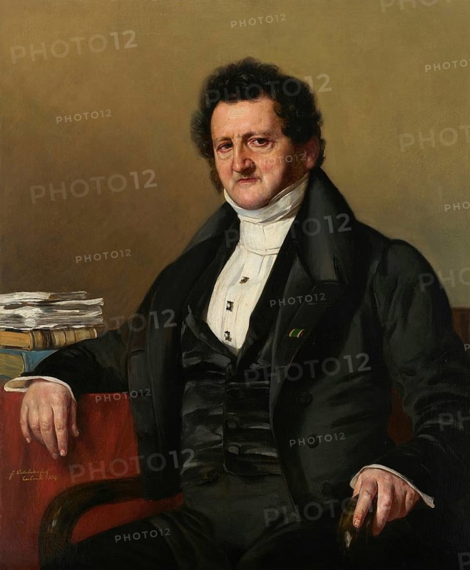 Franz Xaver Winterhalter (20 April 1805 - 8 July 1873), German painter, he was one of the most sought-after and famous portrait painters, here his work: Banker David Seligmann, Baron von Eichthal (1834) . David Freiherr von Eichthal, born Seligmann (15 February 1775 in Leimen - 5 May 1850 in Karlsruhe) was one of Baden's leading industrialists in the first half of the 19th century, Painting, Reproduction of the painting, Work of art, Historical, Portrait of a man in formal dress, sitting next to a pile of books on a table
