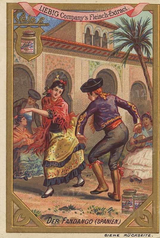 Picture series various dances, Fandango, a Spanish singing dance, whose origin is assumed to be in America, Liebig picture, digitally restored reproduction of a collective picture from ca 1900, public domain, exact date unknown, Spanish dancers perform a passionate Fandango in bright costumes