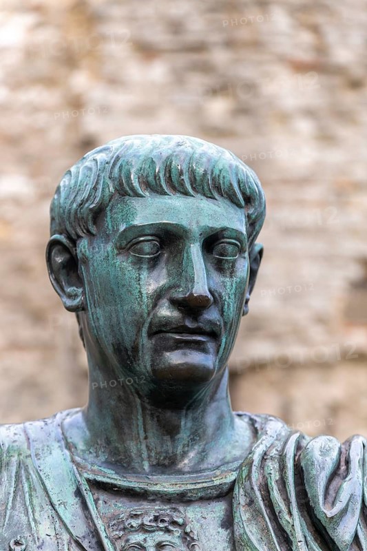 Detail of head and face, Statue bronze sculpture of Roman emperor Trajan (AD 98-117), Tower Hill, LOndon, England, UK