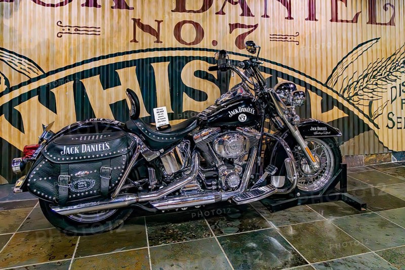 Jack Daniel's themed Harley Davidson motorcycle on display in the museum of the Jack Daniel Distillery in Lynchburg, Tennessee