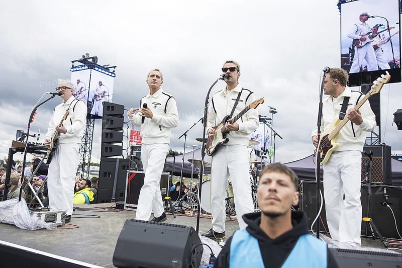 Steffen Israel (guitarist and keyboarder), Felix Brummer (singer), Karl Schumann (guitarist) and Till Brummer (bassist) of Kraftklub at a secret gig of the band at the Rock am Ring Festival on Saturday, Nürburgring race track race track, 07.06.2025