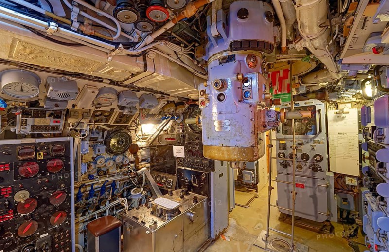 Museum submarine H.M.S.Otus. Control panel, vision tube, periscope. Sassnitz, Mecklenburg-Western Pomerania, Germany
