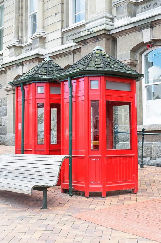Red phone boxes. Dunedin, Otago, South Island, New Zealand