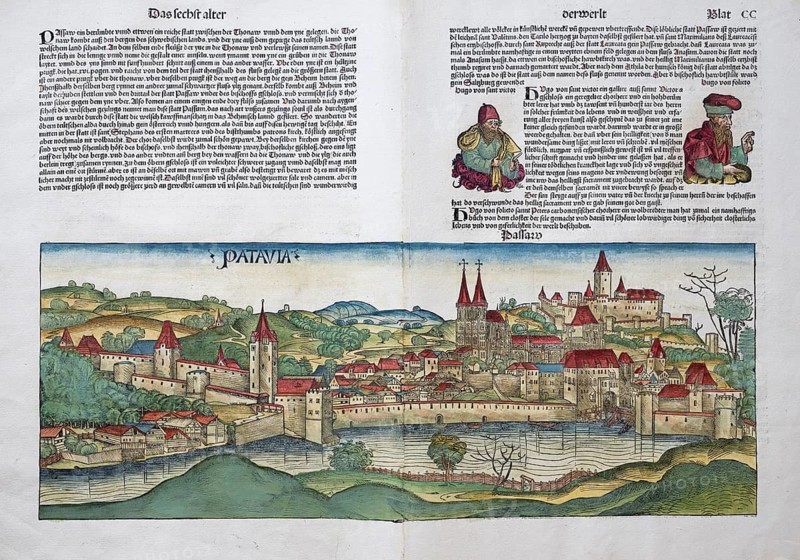 Medieval city view of Passau or Patavia, family tree, old coloured woodcut from: Schedel'sche Weltchronik also Nürnberger Chronik, German edition, incunabulum, Hartmann Schedel 1493