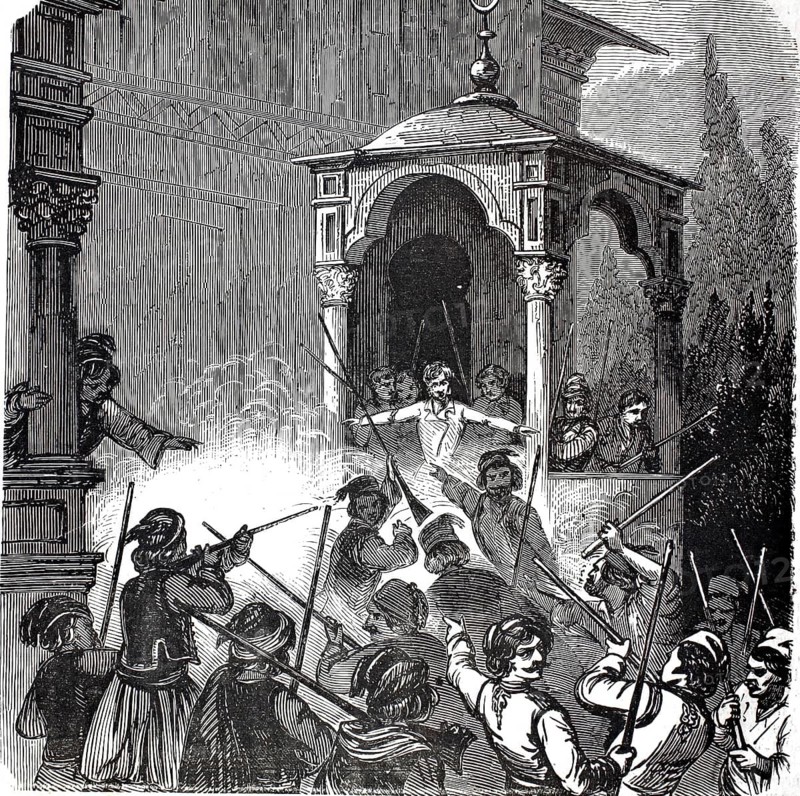 Murder of the French and German consuls in Thessaloniki. A Christian (Bulgarian) girl wanted to convert to Islam, whereupon Christian residents abducted her to prevent this. This triggered massive unrest amongst the city's Muslim population. The French consul, Jules Moulin, and the German consul, Henry Abbott, went to a mosque to calm the situation and mediate. There, however, they were surrounded by an enraged, armed mob and eventually brutally lynched in an outbuilding, illustration, reproduction of a 19th-century original. Authentic, file restored for optimal use, exact date of the original unknown, historical