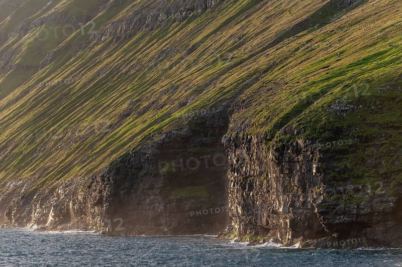 High green cliffs, surf and spray, Vidareidi, Vidoy Island, Viðareiði, Viðoy Island, Faroe Islands, Denmark