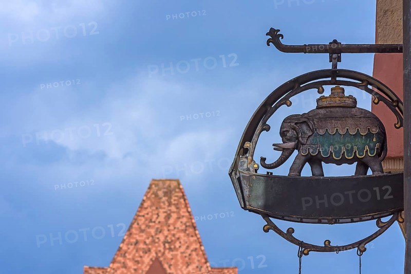 Nose sign of the Haus zum Elefanten, former pharmacy from 1629-1980, Regensburg, Upper Palatinate, Bavaria, Germany