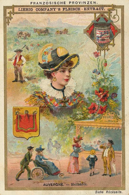 Picture series French provinces, France, Auvergne, spas, Liebig picture, digitally restored reproduction of a collector's picture from ca 1900, public domain, exact date unknown, woman in elegant traditional costume in front of a rural scene with farmers and livestock