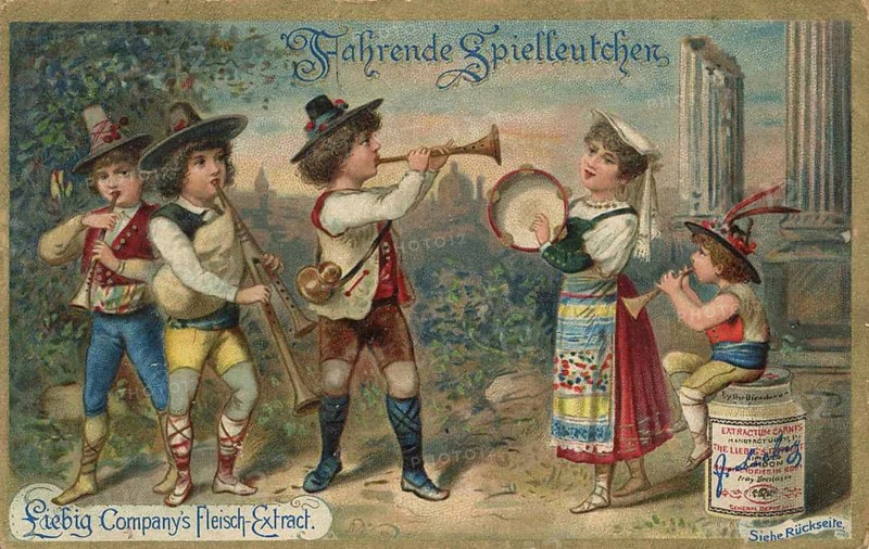 Picture series Children as travelling minstrels, Liebig picture, digitally restored reproduction of a collector's picture from around 1900, public domain, exact date unknown, figures dancing and making music in traditional costumes in a rural setting