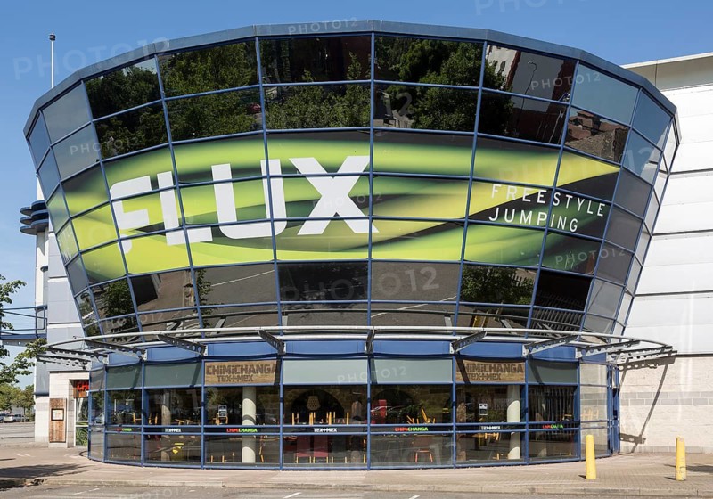 Flux freestyle jumping trampoline park, Cardinal Park, Ipswich, Suffolk, England, UK Chimichanga Tex-Mex restaurant
