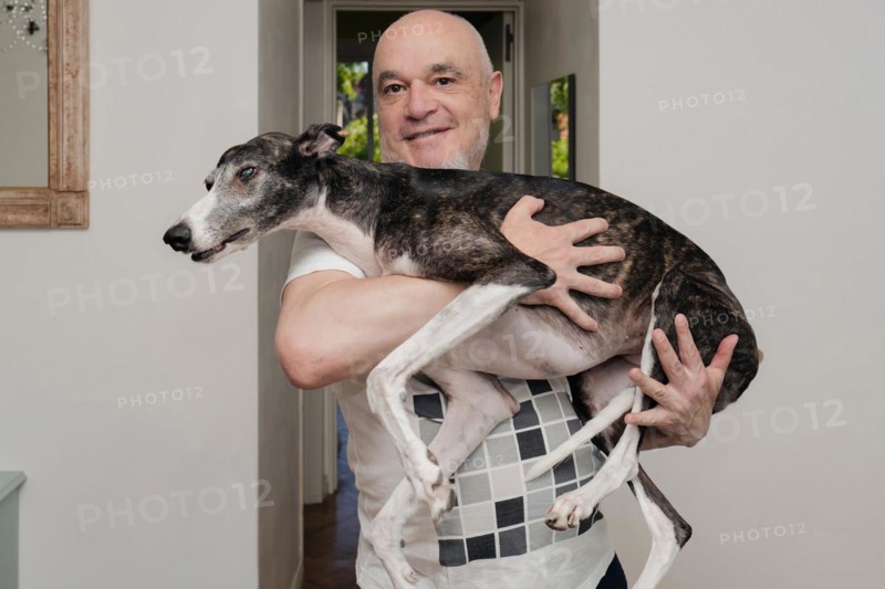 Happy bald middle-aged man holding his rescued greyhound dog in his arms inside the home