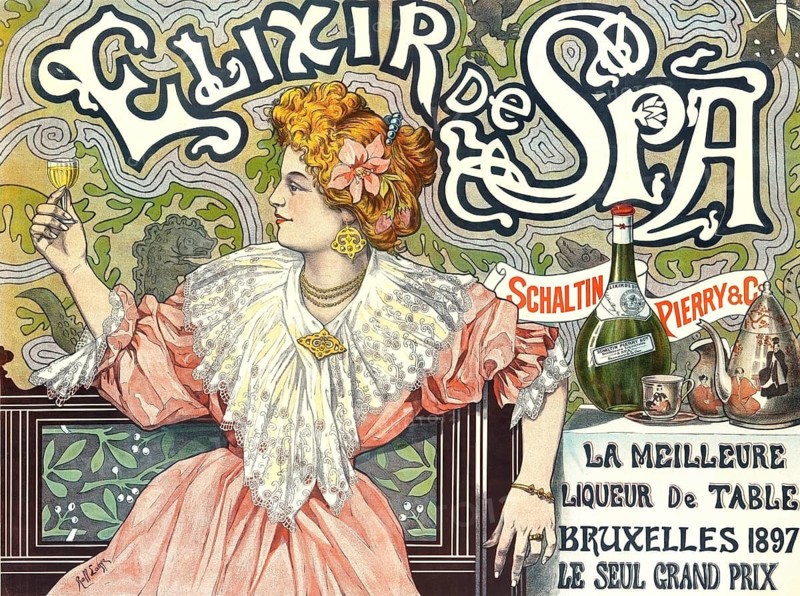 Advertising poster, beverage advertisement, poster for Elixir de Spa, a Belgian herbal liqueur dating from 1897. The artwork was designed by the artist Raphael Lagye (1861–1952) in the Art Nouveau style. The scene illustrates the luxurious nature of the drink, which was advertised as ‘La Meilleure Liqueur de Table' (the finest table liqueur), an authentic reproduction of a historical advertising poster or sign, in high resolution