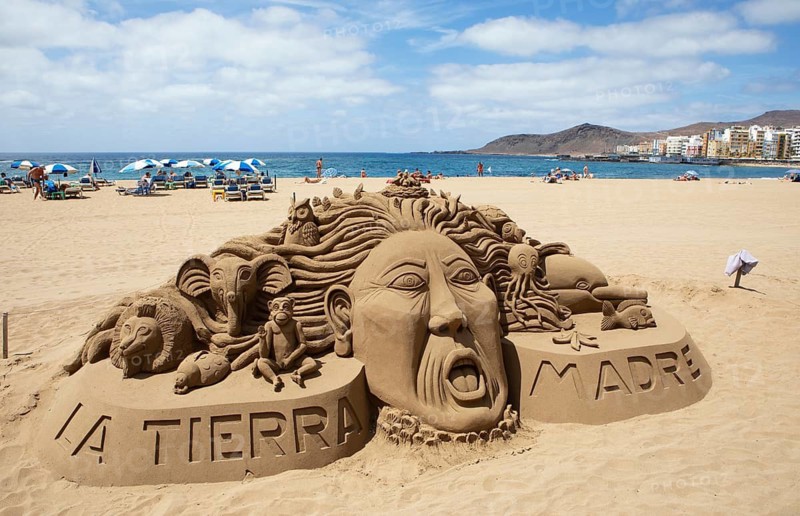 Sand sculpture on the beach Playa de las Canteras, Las Palmas, Las Palmas Province, Gran Canaria, Canary Islands, Spain