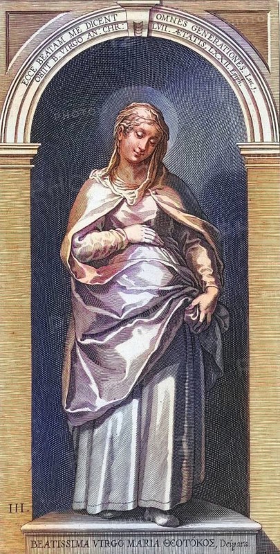 The Virgin Mary, also known as Mary of Nazareth, the mother of Jesus in the New Testament. She lived with her man Joseph and other relatives in the village of Nazareth in Galilee. Mary is particularly revered in Christianity as the mother of Jesus Christ and is also mentioned in the Koran as the virgin mother of Jesus, coloured woodcut, digital reproduction of a 19th century original, historical