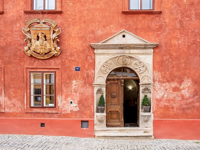 Facade with ornate doorway and relief, House of Antonin Michael of Ebersbach, Cesky Krumlov, Czech Republic
