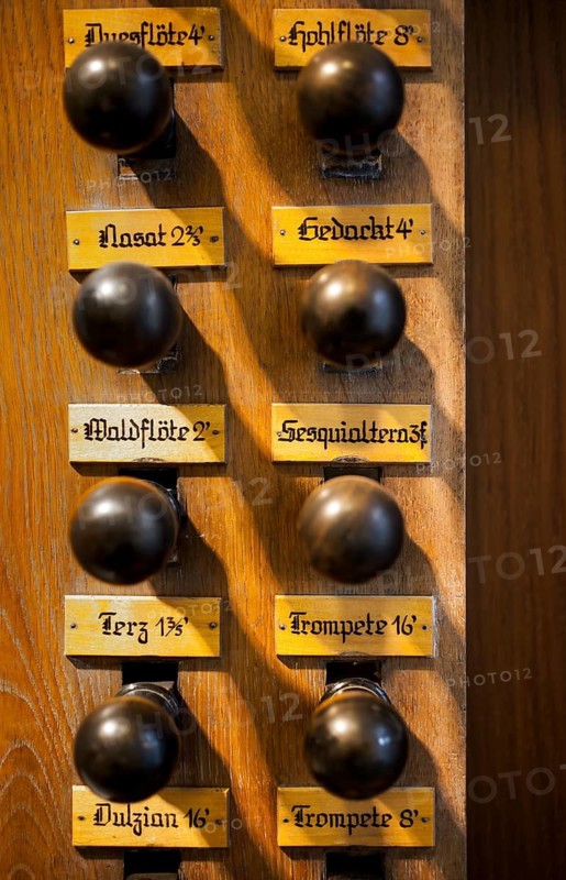 Combination pistons of a pipe organ, Organ Museum Borgentreich, Höxter district, North Rhine-Westphalia, Germany