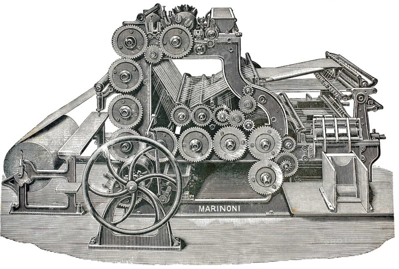 Historic rotary printing press from the well-known French manufacturer Marinoni. A complex system of gears and cylinders enabled an enormously high printing speed, which was essential for the mass production of daily newspapers in the late 19th century, authentic, high-resolution reproduction from a 19th-century original, exact date of presentation unknown, historical