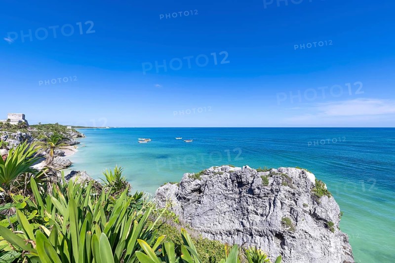 Mexico, Tulum Archaeological Zone and Mayan pyramids on scenic ocean shore