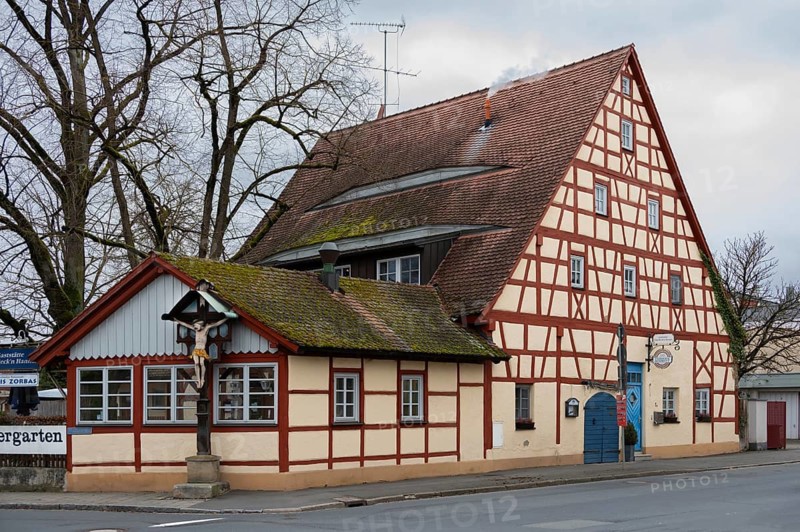 Former half-timbered barn, built around 1850, today an inn, Forchheimer Strasse 7a, Neunkirchen am Brand, Middle Franconia, Bavaria, Germany