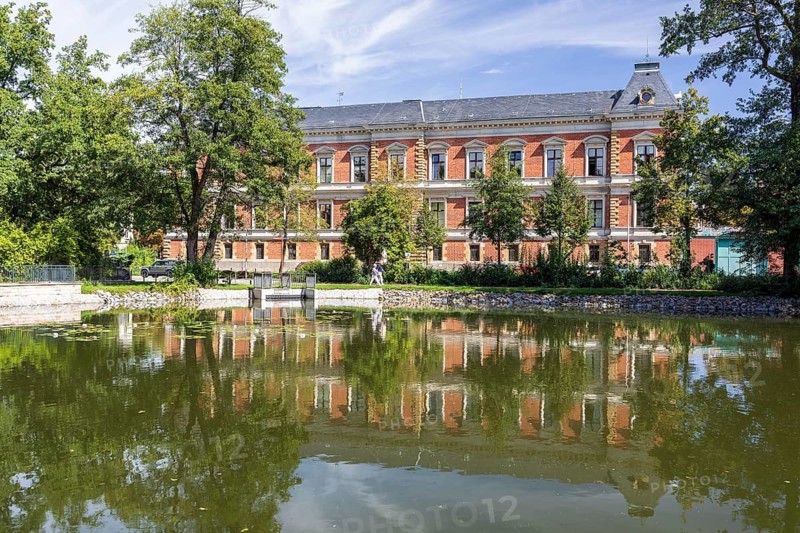 Long pond with Zwickau district and regional court, Saxony, Germany