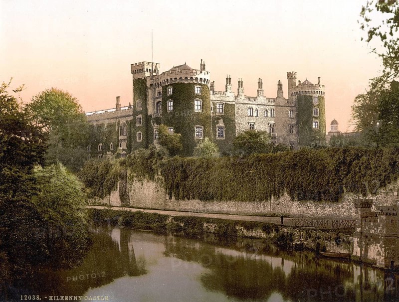 Kilkenny Castle, a castle in Kilkenny, County Kilkenny, Ireland, which emerged from a high medieval castle, Historic, digitally restored reproduction from a 19th century original, Record date not stated