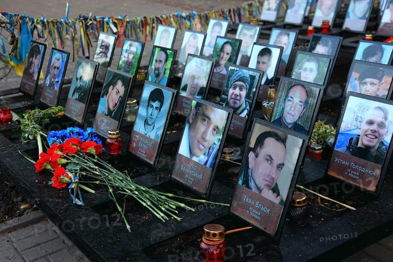 Commemorating the dead from the bloodiest Maidan demonstration in February 2014, pictures of the victims, Kiev, Ukraine