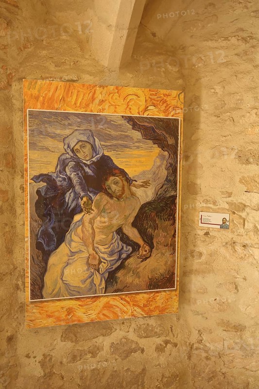 Painting replica The Pietà by Vincent van Gogh 1889, statue of Mary, Jesus, death, interior view, Saint-Paul-de-Mausole, Circut van Gogh, Saint-Remy-de-Provence, Provence, Alpilles, Bouches-du-Rhône, France