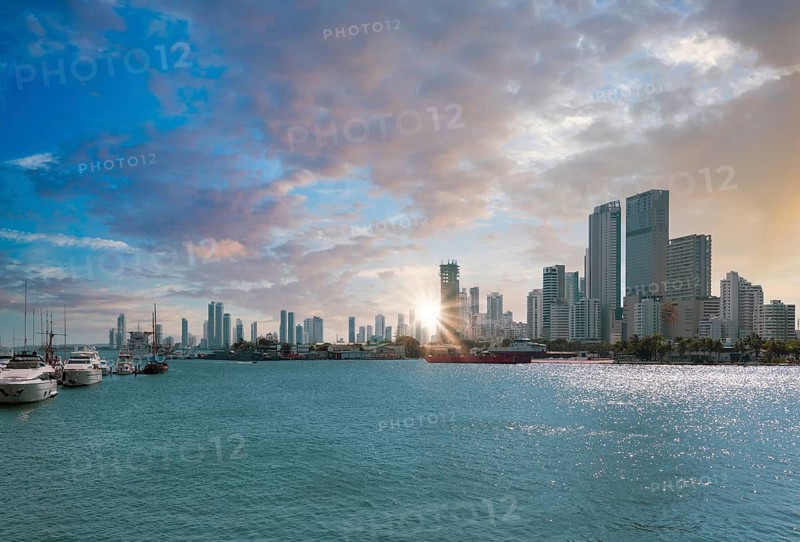 Colombia, scenic Cartagena bay (Bocagrande) and city skyline at sunset