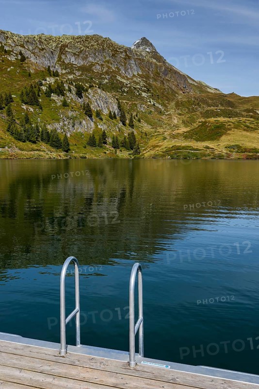Bettmersee, mountain lake, alpine lake, access, ladder, footbridge, bathing jetty, bathing, swimming, summer, nobody, tranquillity, tourism, wellness, Bettmeralp, Aletsch Arena, Valais, Switzerland